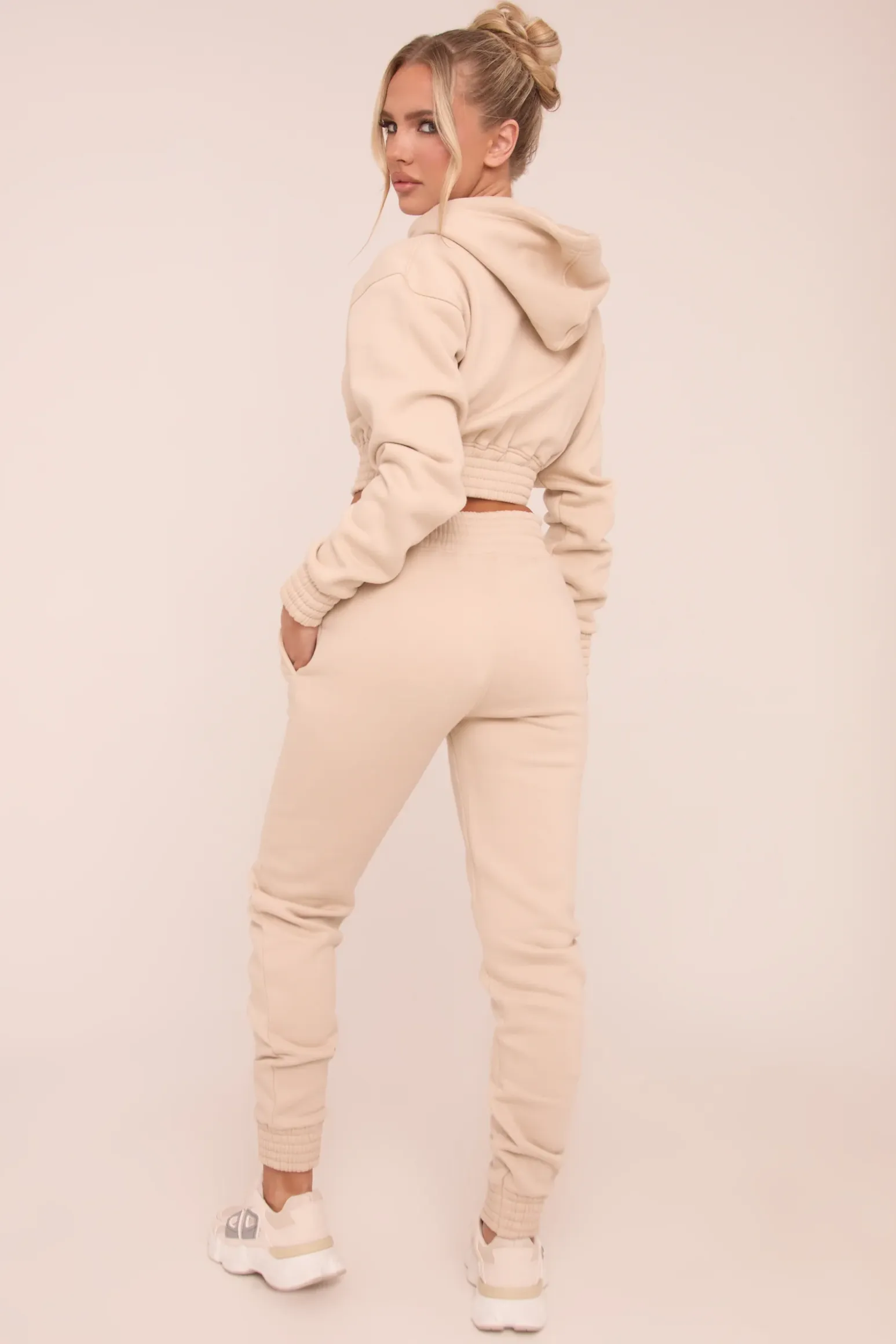 Rebellious Fashion Stone Zip Front Elasticated Detail Loungewear Co-ord Set - Carmel