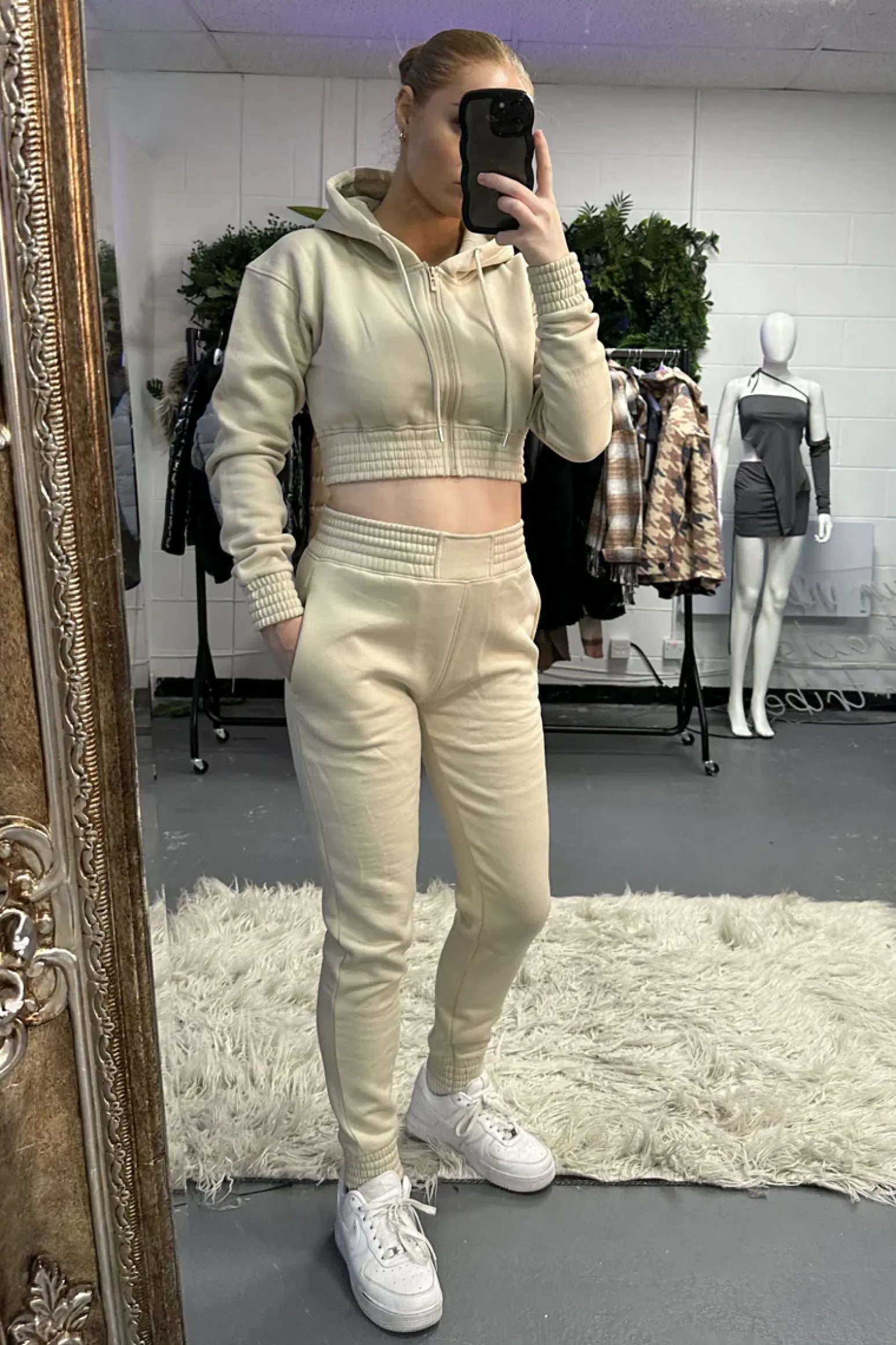 Rebellious Fashion Stone Zip Front Elasticated Detail Loungewear Co-ord Set - Carmel
