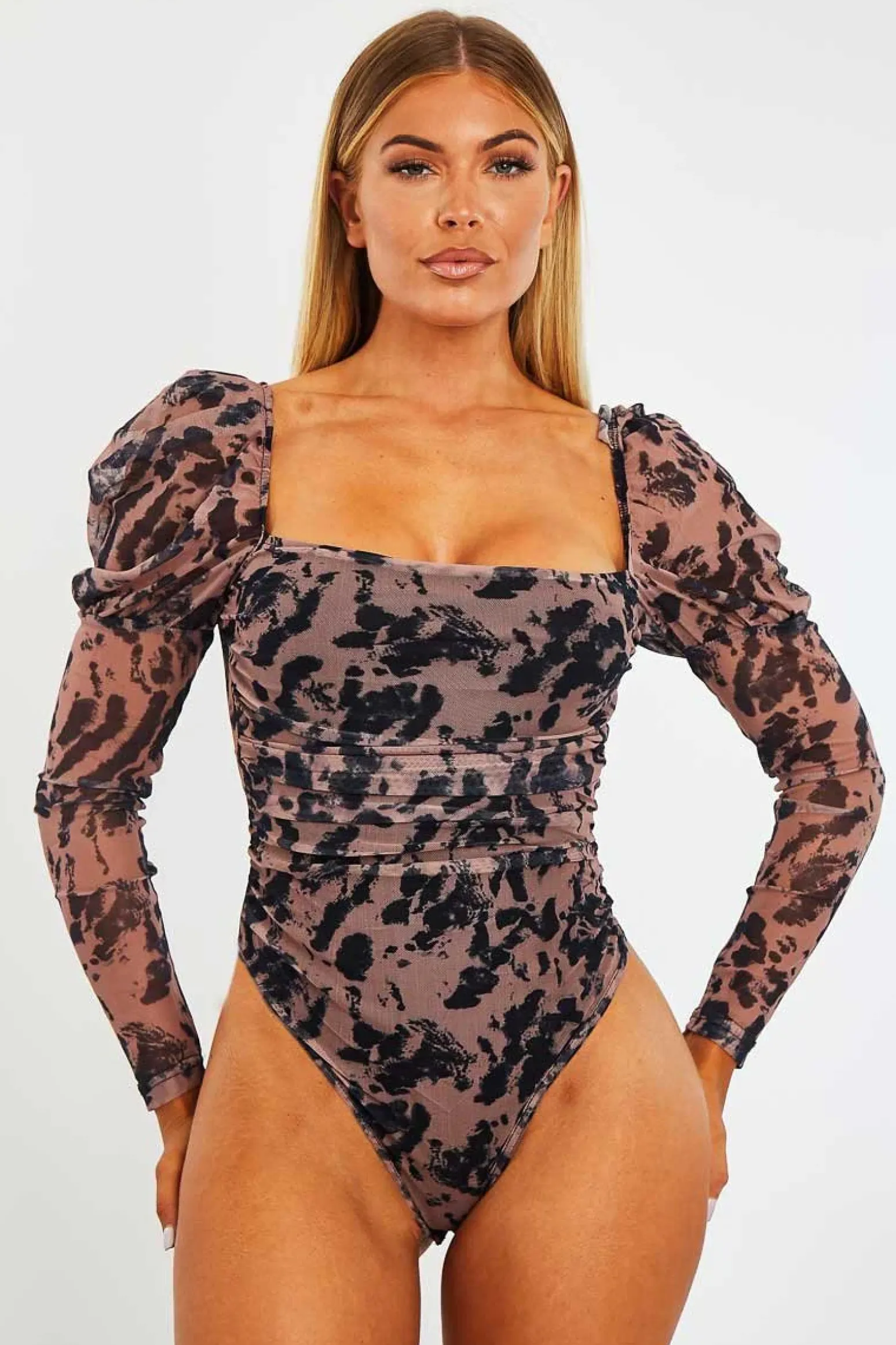 Rebellious Fashion Tan Marble Puff Sleeve Bodysuit - Deana