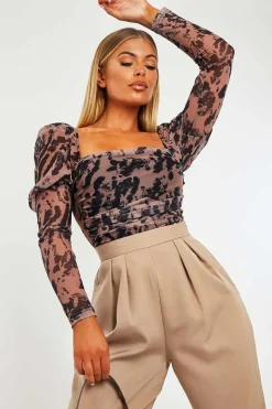 Rebellious Fashion Tan Marble Puff Sleeve Bodysuit - Deana