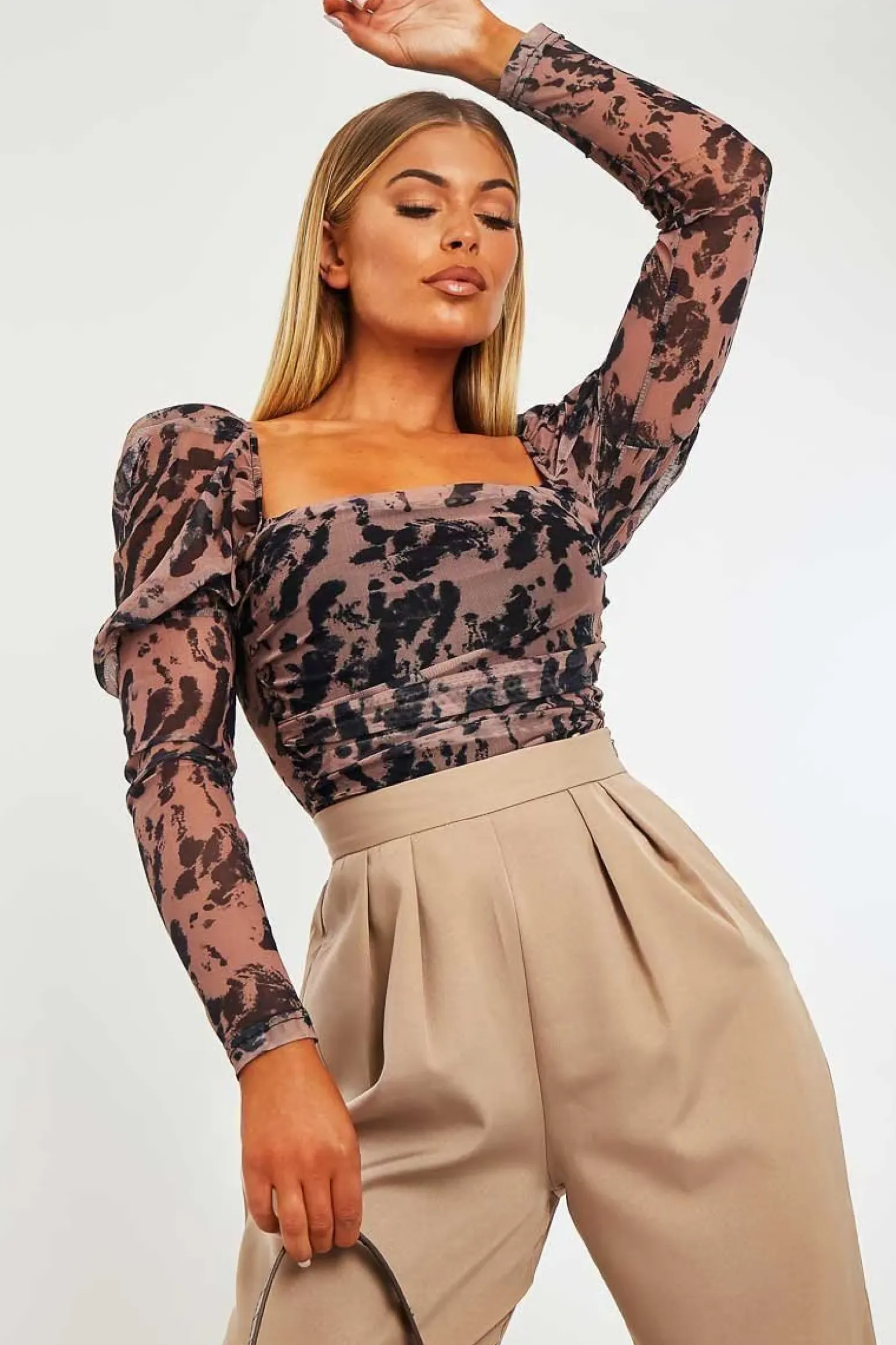 Rebellious Fashion Tan Marble Puff Sleeve Bodysuit - Deana