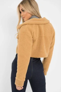 Rebellious Fashion Tan Cropped Borg Trucker Jacket - Aarohi