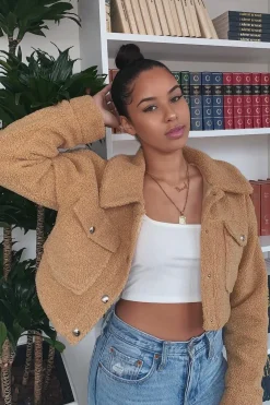 Rebellious Fashion Tan Cropped Borg Trucker Jacket - Aarohi