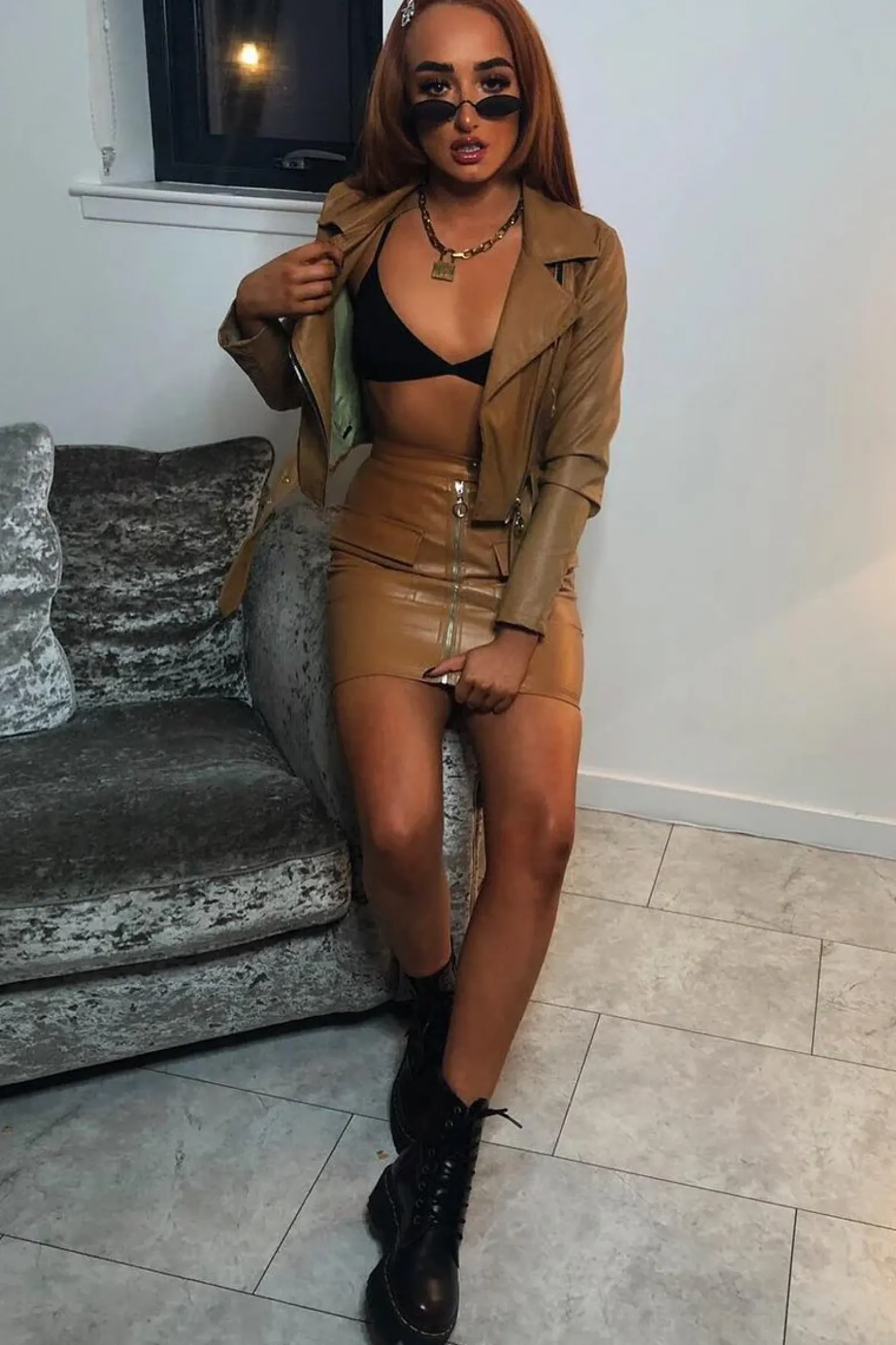 Rebellious Fashion Tan Faux Leather Crop Zip Front Jacket - Deniya