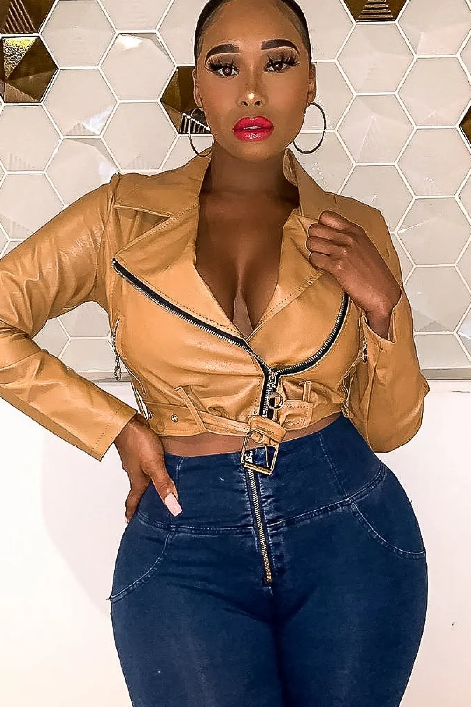 Rebellious Fashion Tan Faux Leather Crop Zip Front Jacket - Deniya