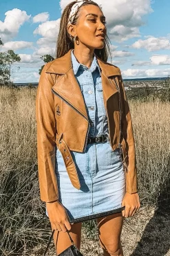 Rebellious Fashion Tan Faux Leather Crop Zip Front Jacket - Deniya