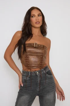 Rebellious Fashion Tan Faux Leather Lace Front Bandeau Top - Sarina