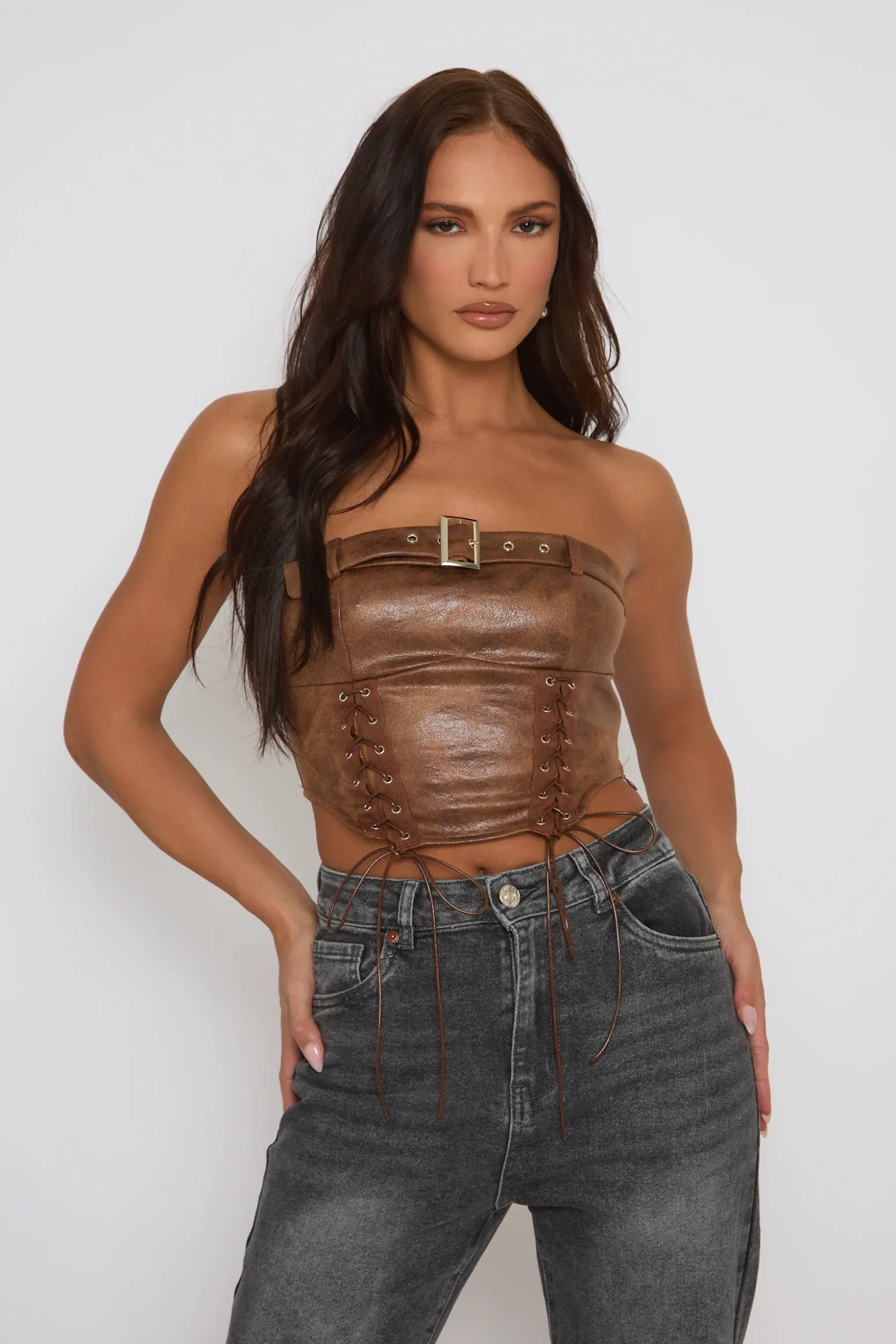 Rebellious Fashion Tan Faux Leather Lace Front Bandeau Top - Sarina