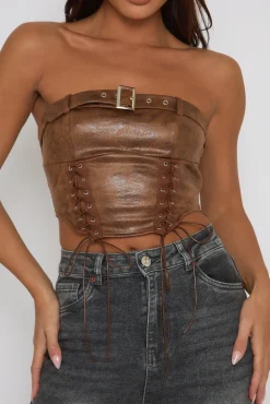 Rebellious Fashion Tan Faux Leather Lace Front Bandeau Top - Sarina