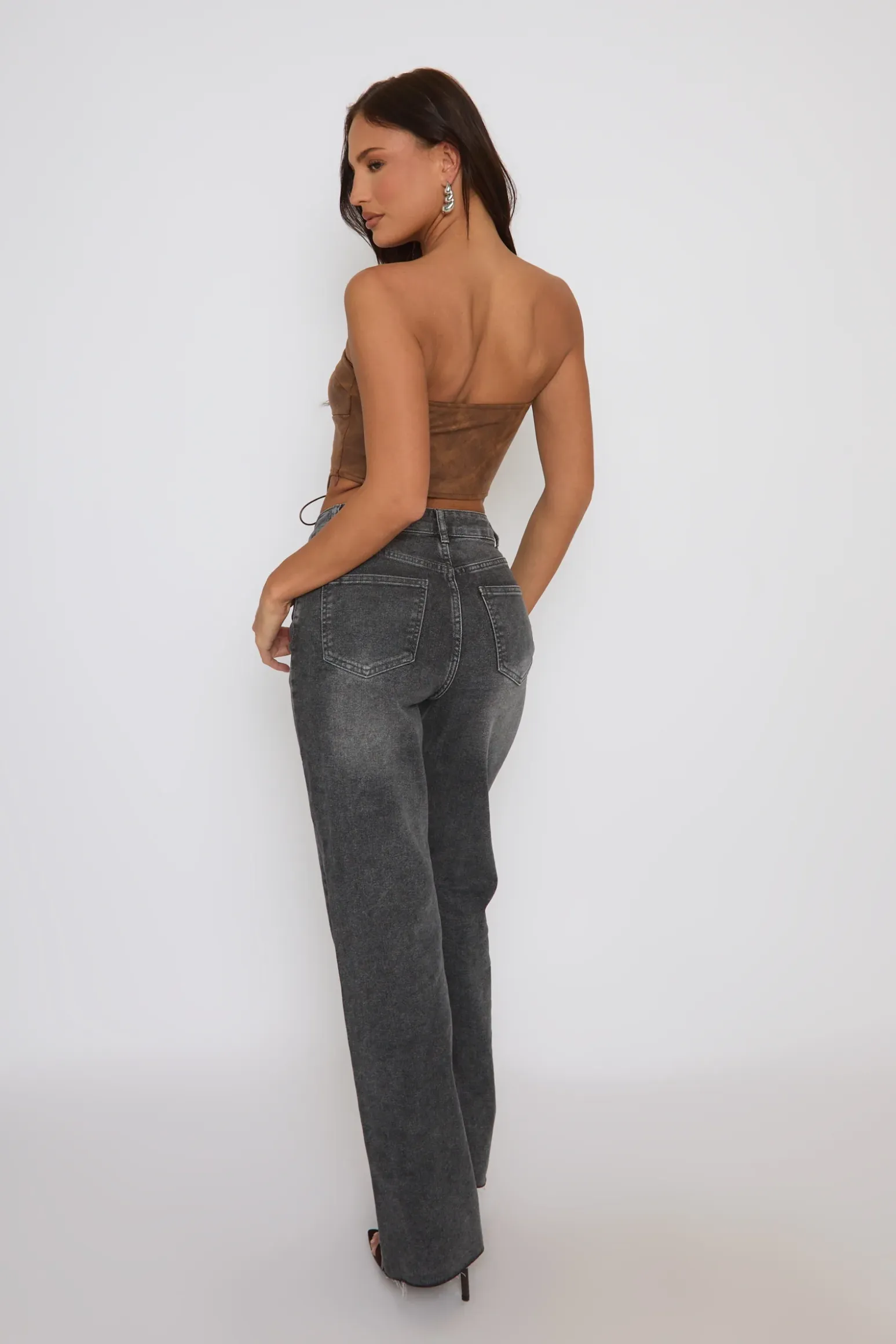 Rebellious Fashion Tan Faux Leather Lace Front Bandeau Top - Sarina