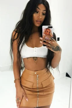 Rebellious Fashion Tan Faux Leather Zip Front Utility Pocket Skirt - Paeyton