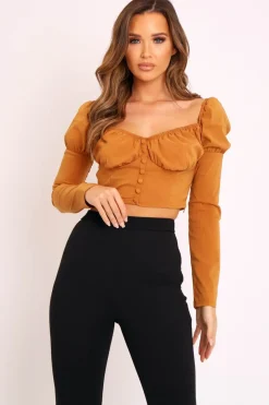 Rebellious Fashion Tan Long Sleeve Button Front Milkmaid Crop Top - Gillie