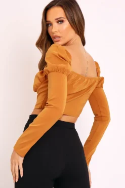 Rebellious Fashion Tan Long Sleeve Button Front Milkmaid Crop Top - Gillie
