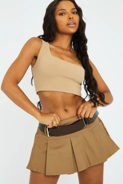 Rebellious Fashion Tan Low Rise Belted Tailored Micro Mini Skirt - Jolie