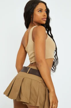 Rebellious Fashion Tan Low Rise Belted Tailored Micro Mini Skirt - Jolie
