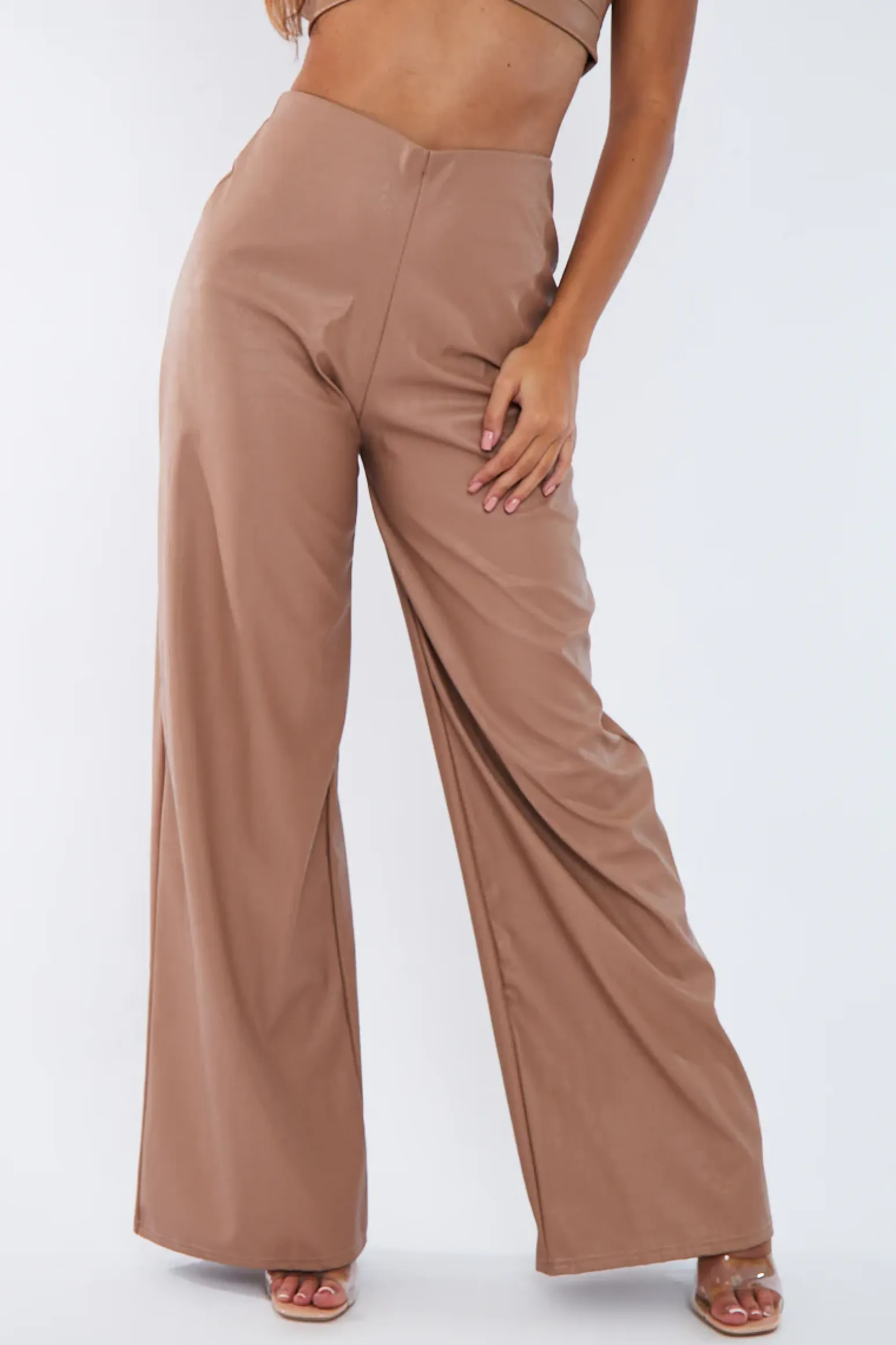 Rebellious Fashion Tan PU Croc Leather Straight Leg Trousers - Sevyn