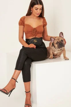 Rebellious Fashion Tan Puff Sleeve Lace Up Front Crop Top - Kandis