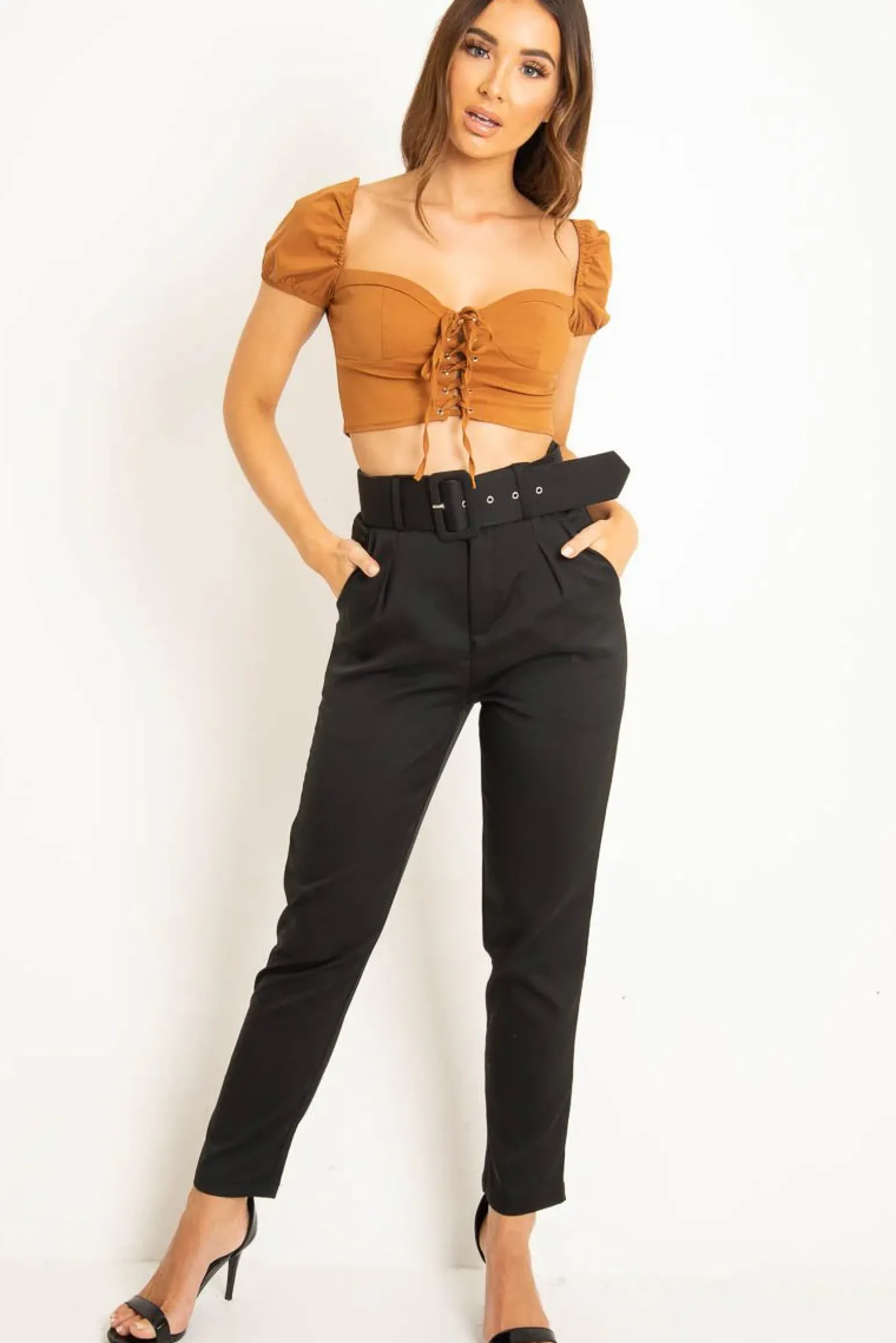 Rebellious Fashion Tan Puff Sleeve Lace Up Front Crop Top - Kandis