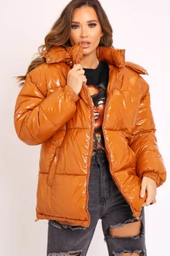 Rebellious Fashion Tan Shiny Wet Look Chunky Hooded Puffer Coat - Syra