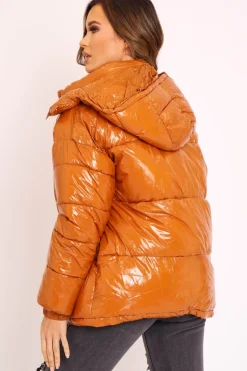 Rebellious Fashion Tan Shiny Wet Look Chunky Hooded Puffer Coat - Syra