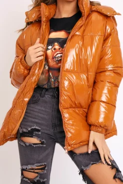 Rebellious Fashion Tan Shiny Wet Look Chunky Hooded Puffer Coat - Syra