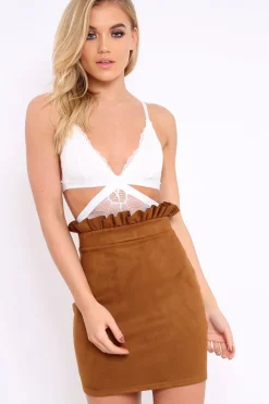Rebellious Fashion Tan Suedette Ruffle Hem Mini Skirt - Leearna