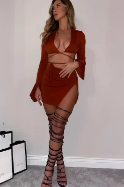 Rebellious Fashion Tan Tie Waist Crop Top & Mini Skirt Co-Ord - Thora