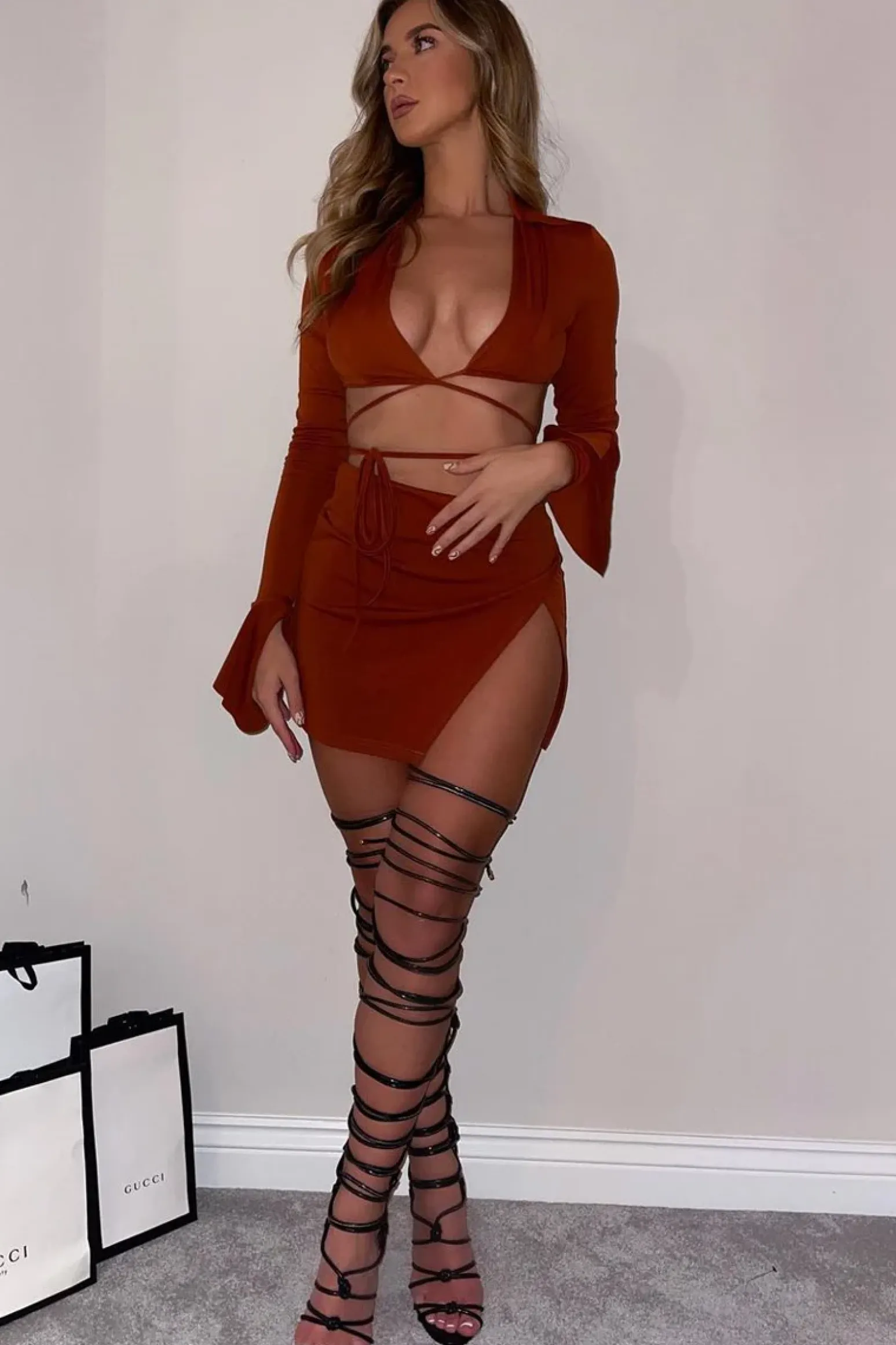 Rebellious Fashion Tan Tie Waist Crop Top & Mini Skirt Co-Ord - Thora