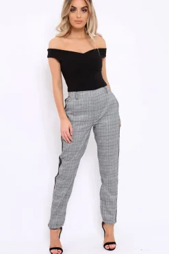 Rebellious Fashion Tartan and Black Side Stripe Tapered Trousers - Suzann