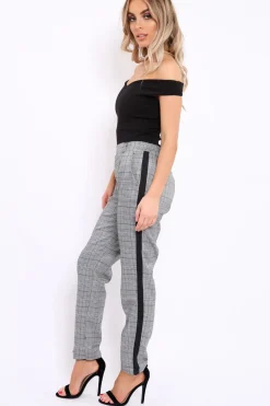 Rebellious Fashion Tartan and Black Side Stripe Tapered Trousers - Suzann
