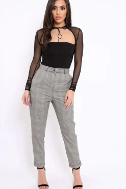 Rebellious Fashion Tartan Grey and Red Ring Belted Tapered Trousers - Pamela