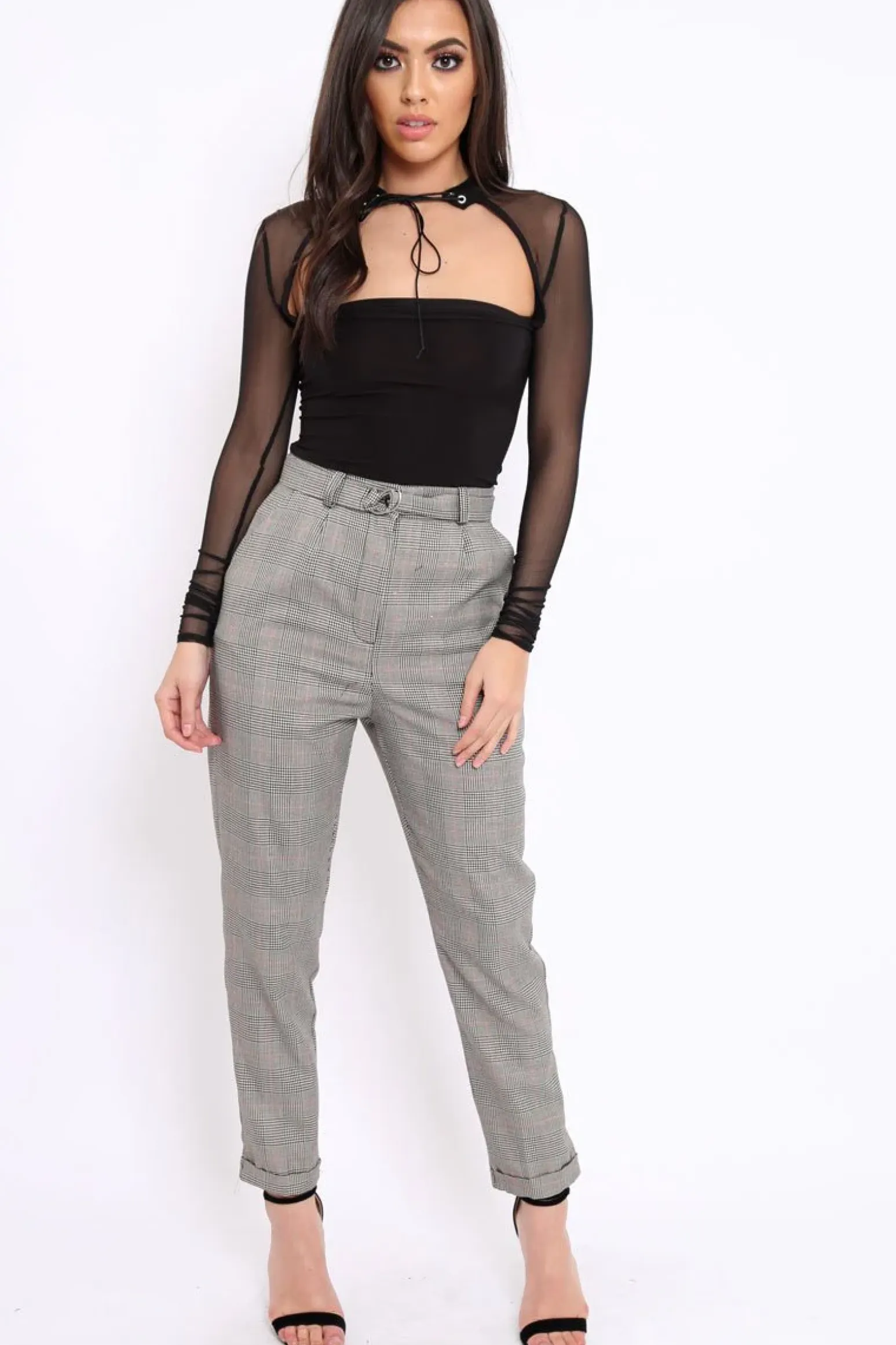 Rebellious Fashion Tartan Grey and Red Ring Belted Tapered Trousers - Pamela