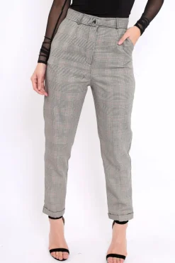 Rebellious Fashion Tartan Grey and Red Ring Belted Tapered Trousers - Pamela