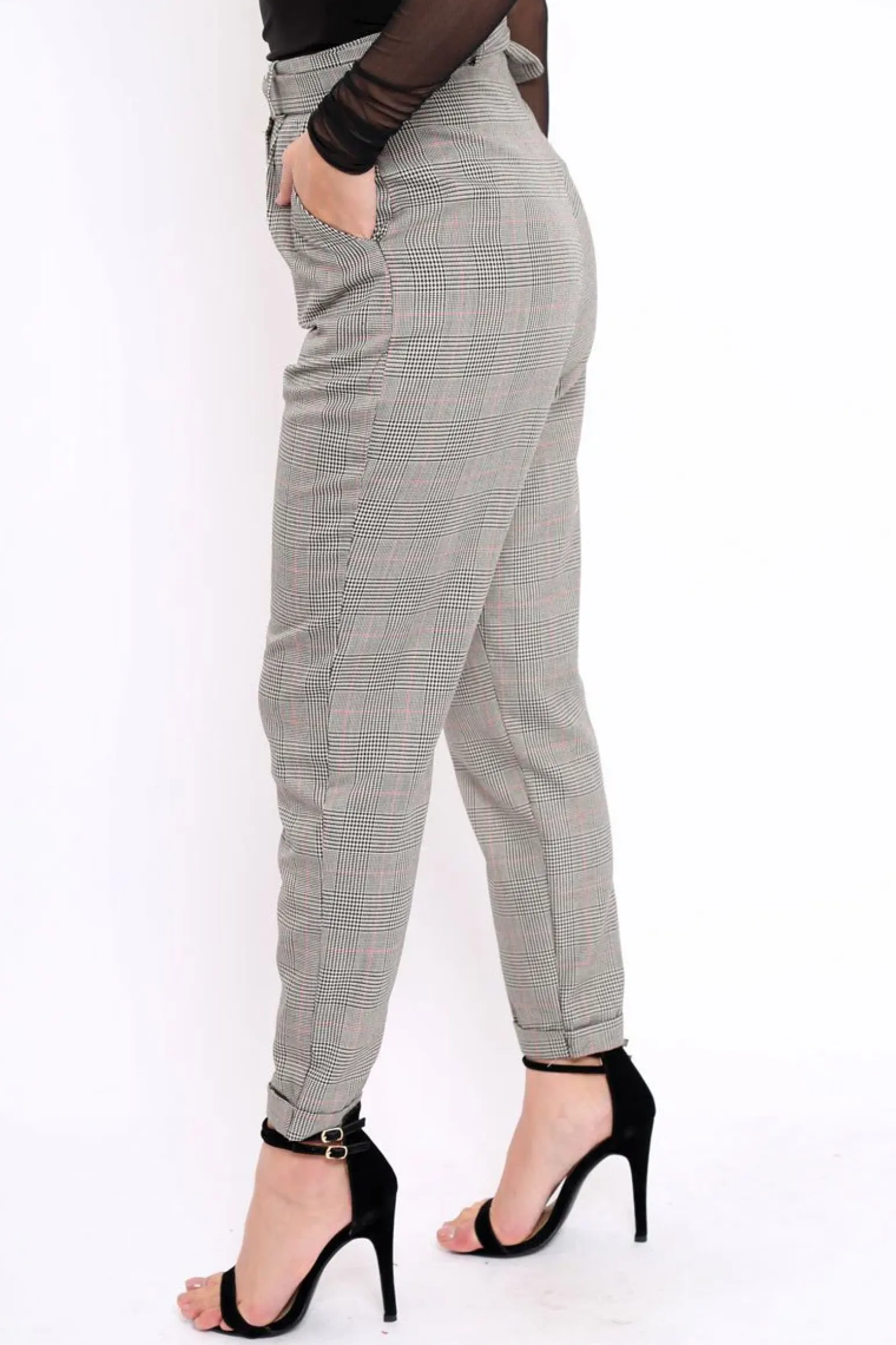 Rebellious Fashion Tartan Grey and Red Ring Belted Tapered Trousers - Pamela