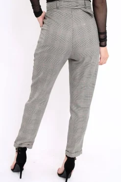 Rebellious Fashion Tartan Grey and Red Ring Belted Tapered Trousers - Pamela
