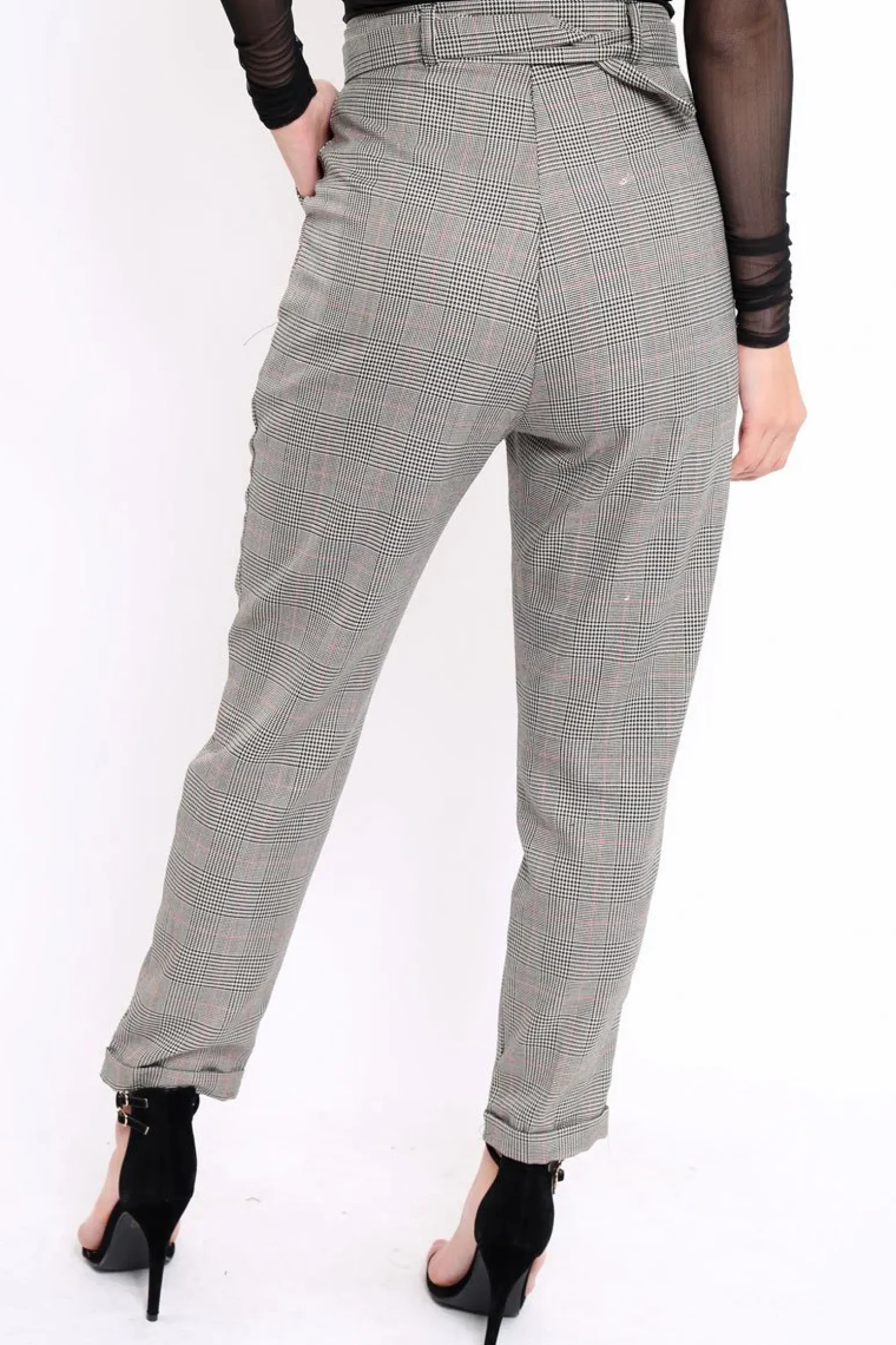 Rebellious Fashion Tartan Grey and Red Ring Belted Tapered Trousers - Pamela