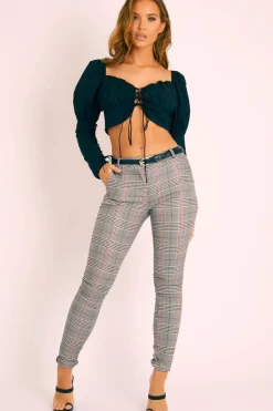 Rebellious Fashion Tartan Grey Sparkle Belted Trousers - Beverley