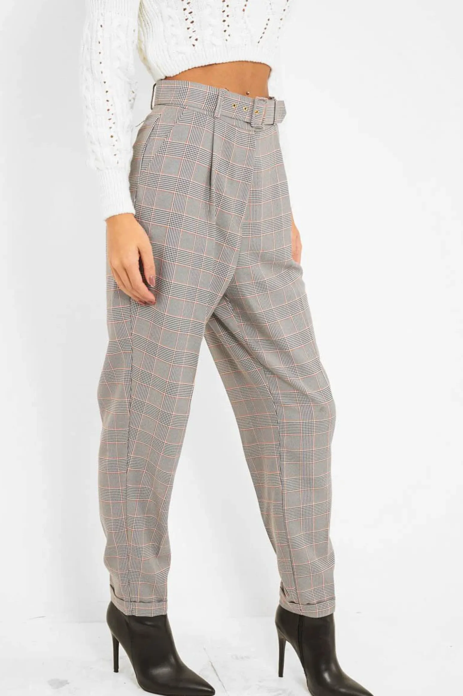 Rebellious Fashion Tartan High Waist Tapered Cigarette Trousers - Maddy