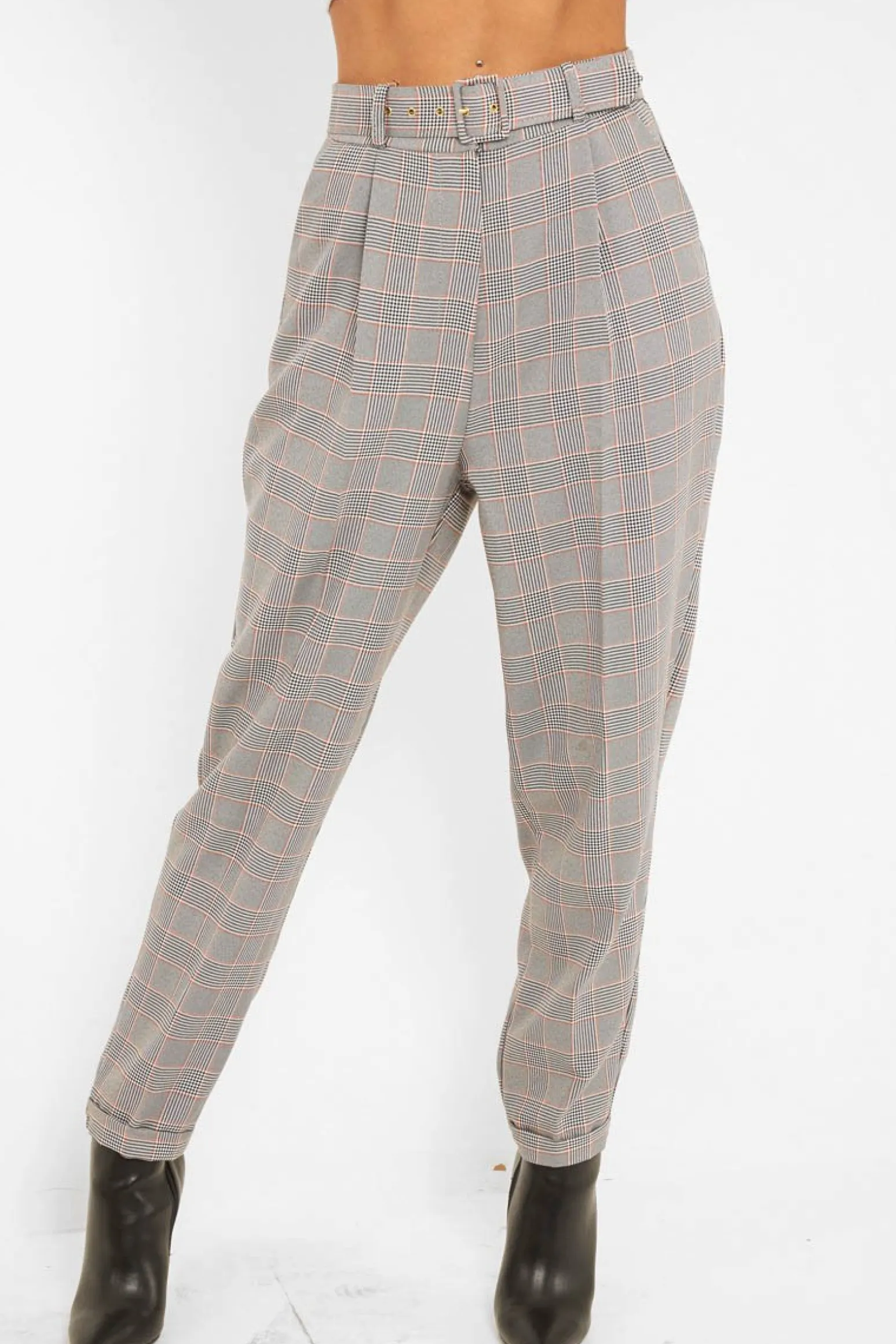 Rebellious Fashion Tartan High Waist Tapered Cigarette Trousers - Maddy