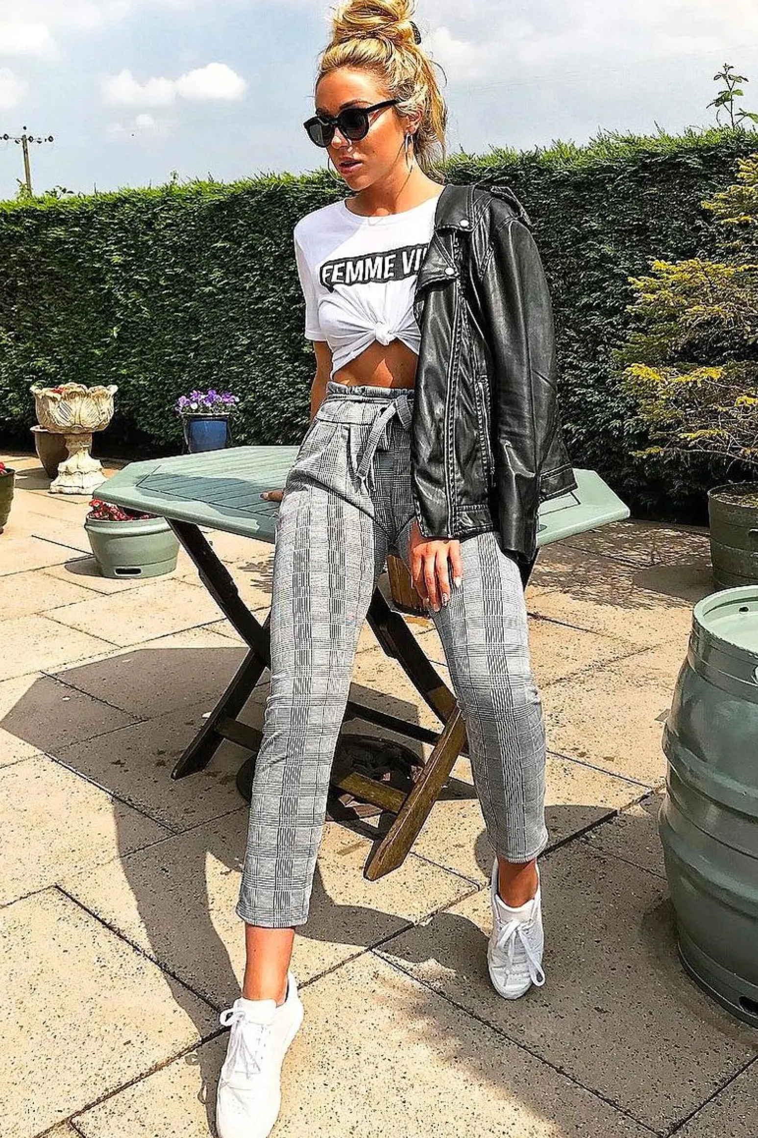 Rebellious Fashion Tartan Paper Bag Tie Waist Cigarette Trousers - Karmen