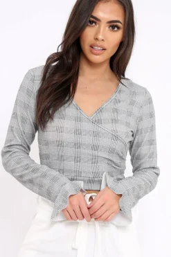 Rebellious Fashion Tartan Plunge Bell Sleeve Crop Top - Merla
