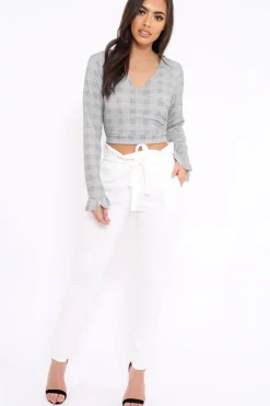 Rebellious Fashion Tartan Plunge Bell Sleeve Crop Top - Merla
