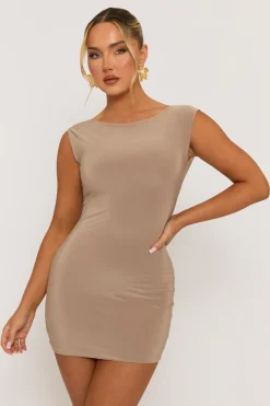 Rebellious Fashion Taupe Boat Neck Backless Bodycon Mini Dress - Imogen