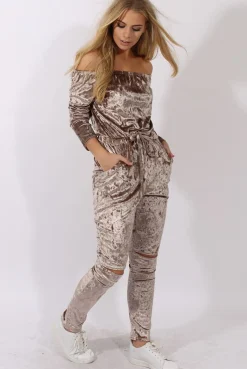 Rebellious Fashion Taupe Crushed Velvet Bardot Split Knee Jumpsuit - Binky