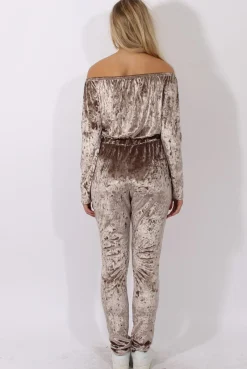 Rebellious Fashion Taupe Crushed Velvet Bardot Split Knee Jumpsuit - Binky