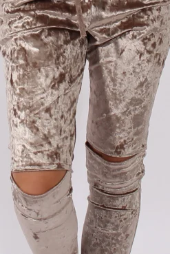 Rebellious Fashion Taupe Crushed Velvet Bardot Split Knee Jumpsuit - Binky