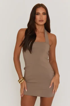 Rebellious Fashion Taupe Halterneck Bengaline Mini Dress - Zarela
