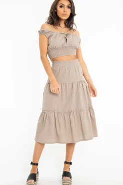 Rebellious Fashion Taupe Ruffle Linen Maxi Skirt - Melodia