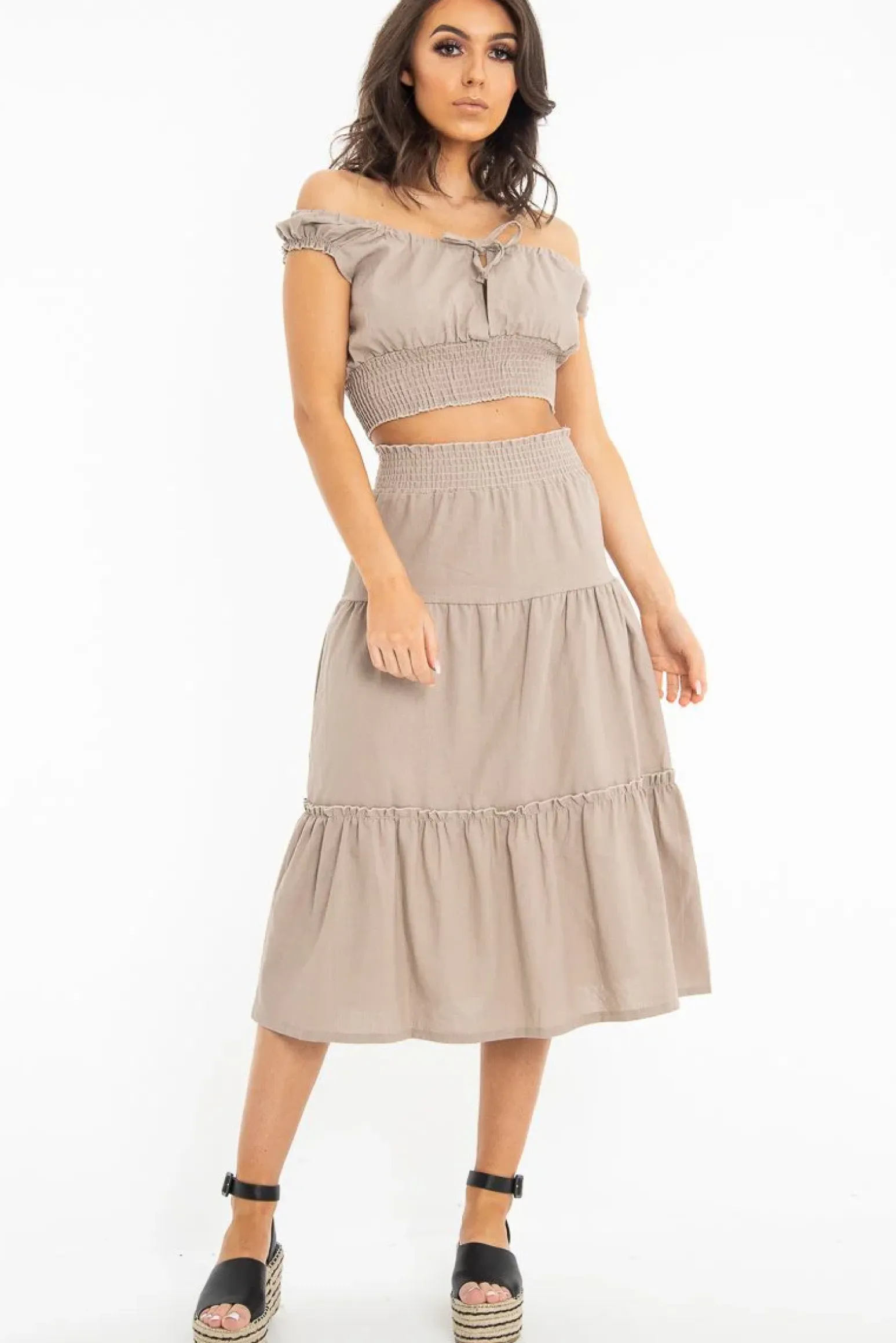 Rebellious Fashion Taupe Ruffle Linen Maxi Skirt - Melodia