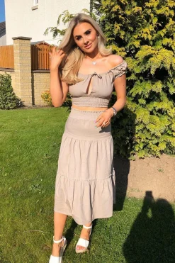Rebellious Fashion Taupe Ruffle Shoulder Tie Back Crop Top - Melida